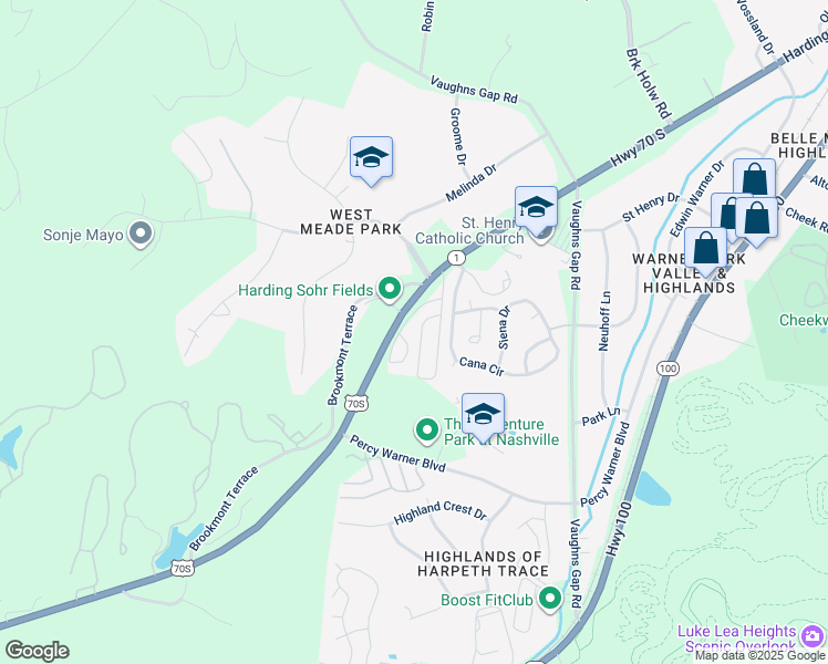 map of restaurants, bars, coffee shops, grocery stores, and more near 6506 Highway 70 South in Nashville