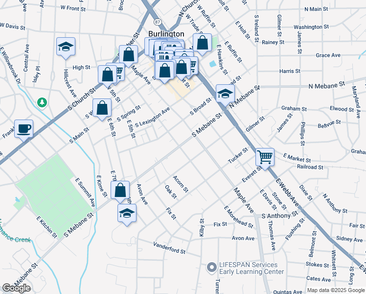 map of restaurants, bars, coffee shops, grocery stores, and more near 520 South Mebane Street in Burlington