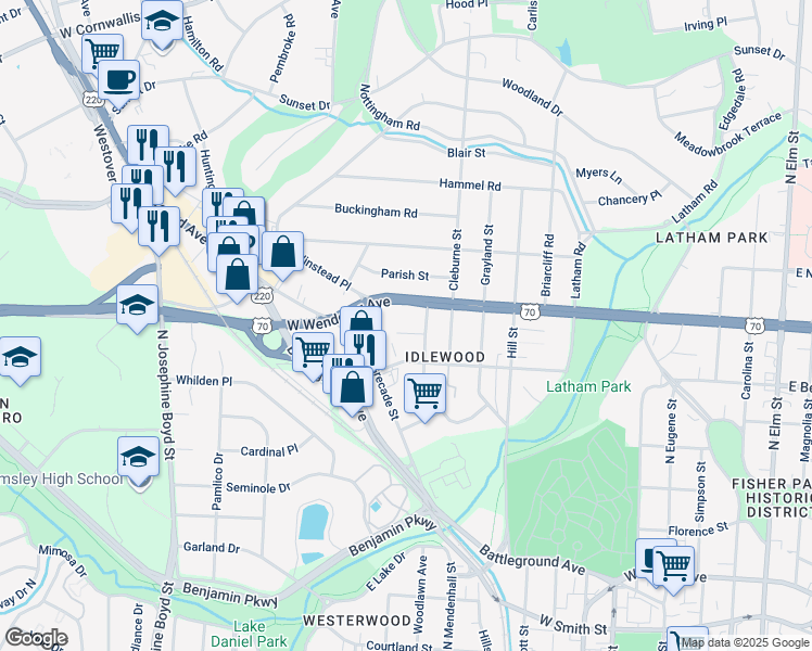 map of restaurants, bars, coffee shops, grocery stores, and more near 1213 U.S. 220 in Greensboro