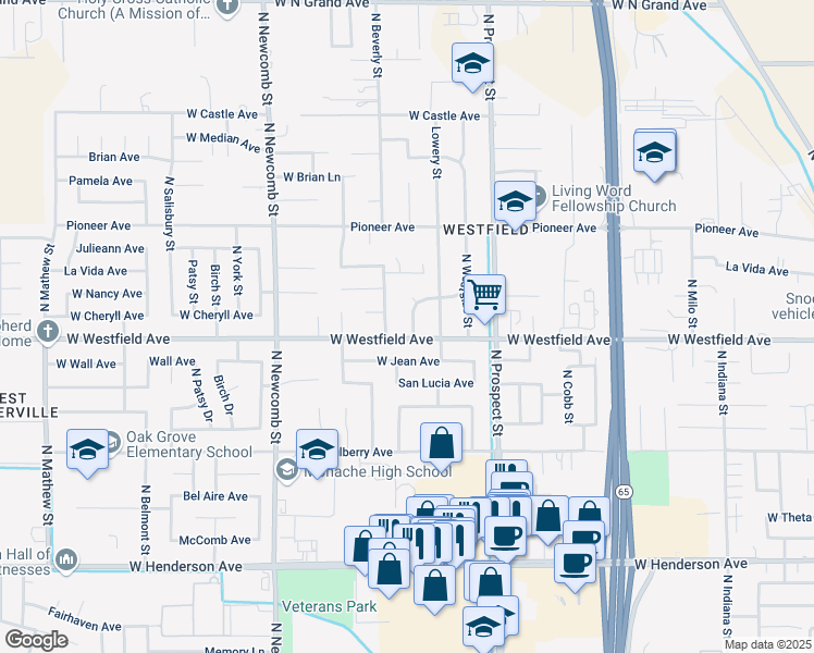 map of restaurants, bars, coffee shops, grocery stores, and more near 1211 Atkins Way in Porterville