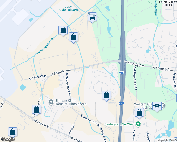map of restaurants, bars, coffee shops, grocery stores, and more near 7121 West Friendly Avenue in Greensboro