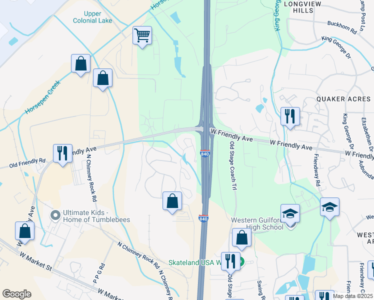 map of restaurants, bars, coffee shops, grocery stores, and more near 23 Woodstream Lane in Greensboro