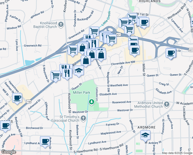 map of restaurants, bars, coffee shops, grocery stores, and more near 236 Oakwood Court in Winston-Salem