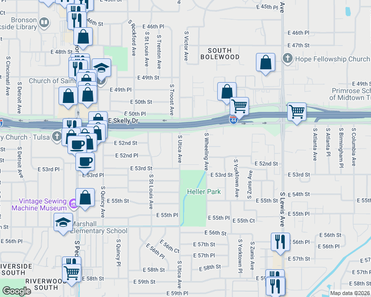 map of restaurants, bars, coffee shops, grocery stores, and more near 5129 South Troost Avenue in Tulsa