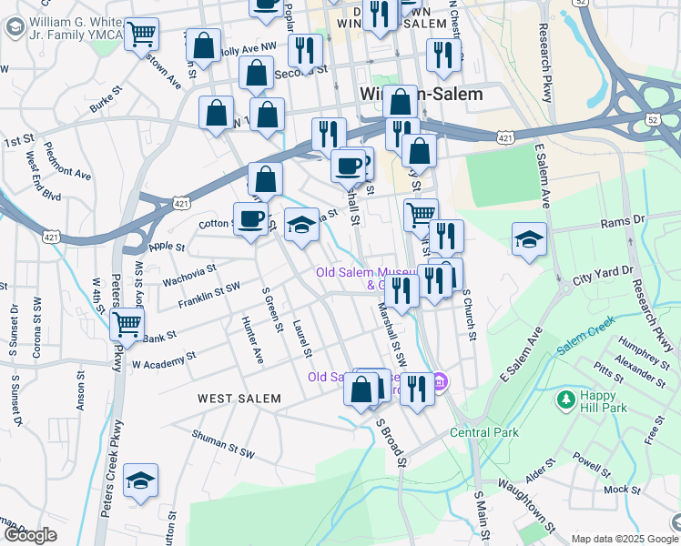 map of restaurants, bars, coffee shops, grocery stores, and more near 505 Poplar Street Southwest in Winston-Salem