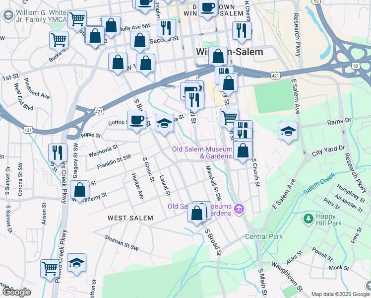 map of restaurants, bars, coffee shops, grocery stores, and more near 505 Poplar Street Southwest in Winston-Salem