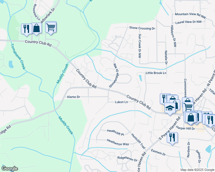 map of restaurants, bars, coffee shops, grocery stores, and more near 110 Stonebridge Drive Northwest in Winston-Salem