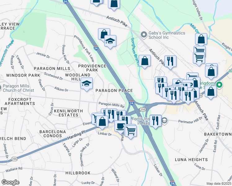 map of restaurants, bars, coffee shops, grocery stores, and more near 200 Paragon Mills Road in Nashville