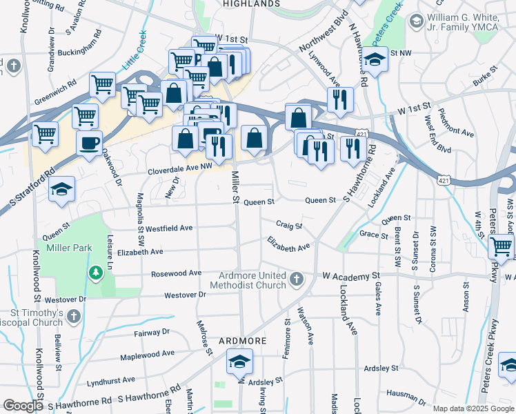 map of restaurants, bars, coffee shops, grocery stores, and more near 2100 Queen Street in Winston-Salem