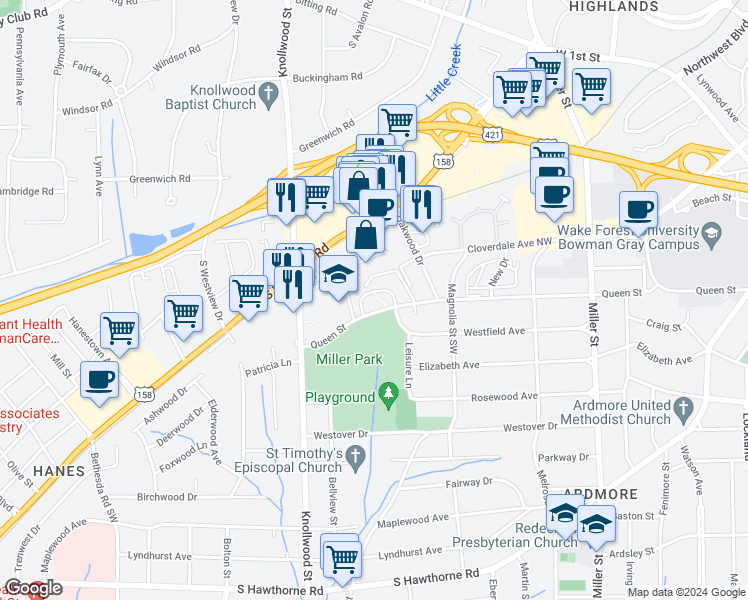 map of restaurants, bars, coffee shops, grocery stores, and more near 2506 Miller Park Circle in Winston-Salem