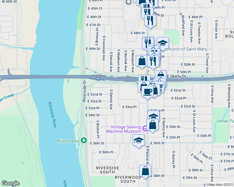 map of restaurants, bars, coffee shops, grocery stores, and more near 5146 South Madison Avenue in Tulsa