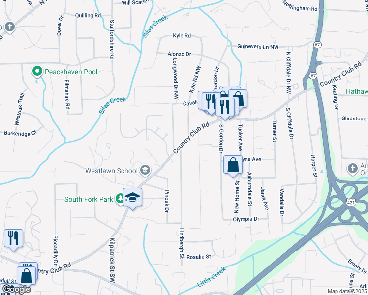 map of restaurants, bars, coffee shops, grocery stores, and more near 4118 Country Club Road in Winston-Salem