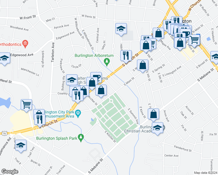 map of restaurants, bars, coffee shops, grocery stores, and more near 114 West Summit Avenue in Burlington