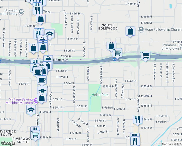 map of restaurants, bars, coffee shops, grocery stores, and more near 5151 South Utica Avenue in Tulsa