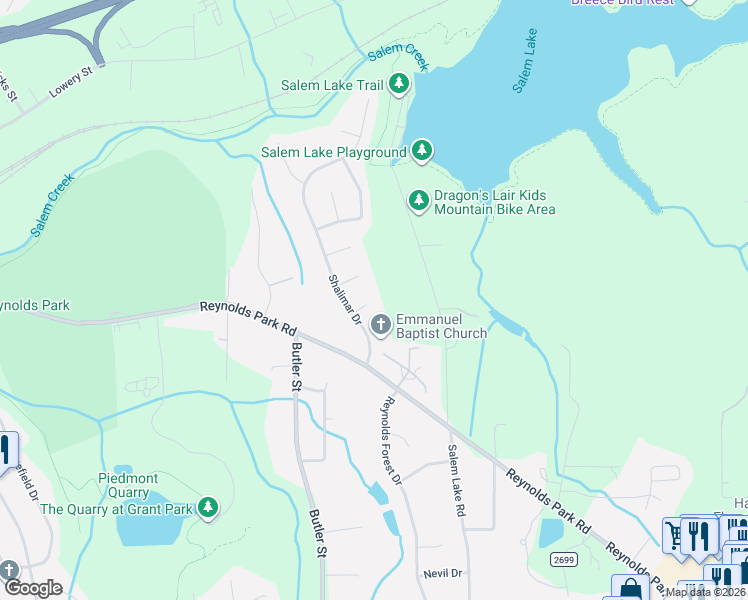map of restaurants, bars, coffee shops, grocery stores, and more near 1030 Treadway Court in Winston-Salem