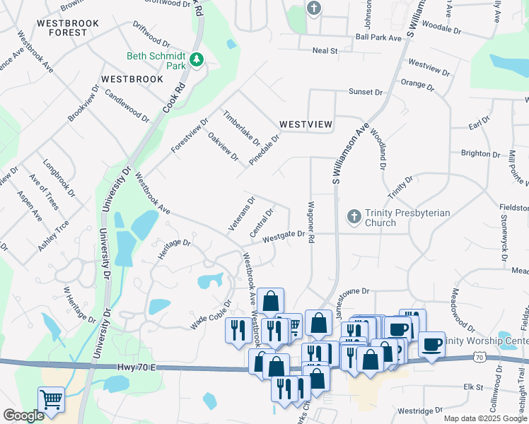 map of restaurants, bars, coffee shops, grocery stores, and more near 706 Central Drive in Elon