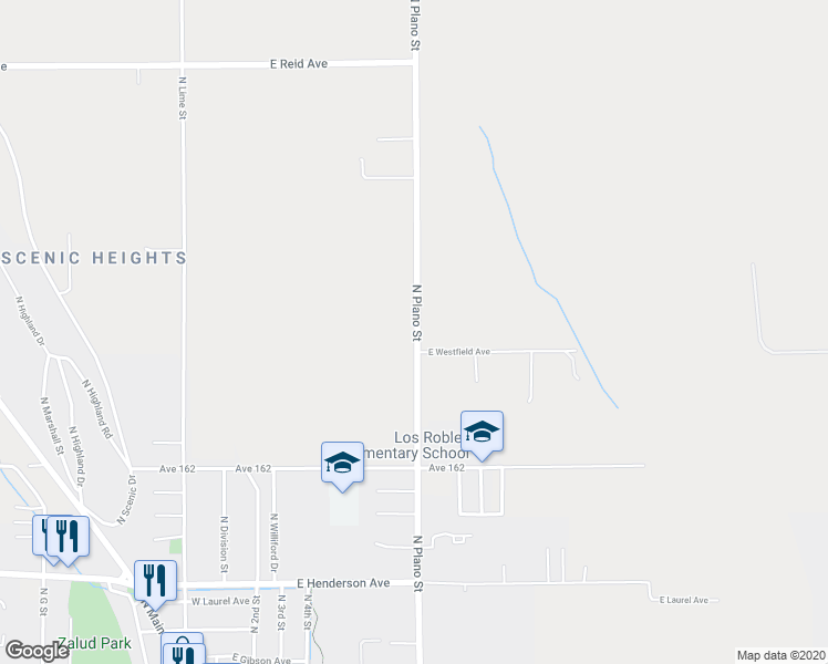 map of restaurants, bars, coffee shops, grocery stores, and more near 1225 North Plano Street in Porterville