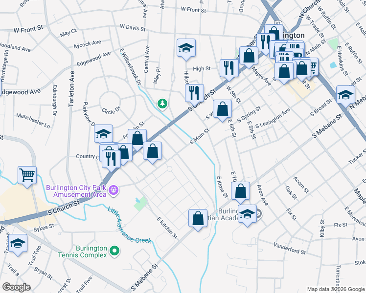 map of restaurants, bars, coffee shops, grocery stores, and more near 1037 South Main Street in Burlington