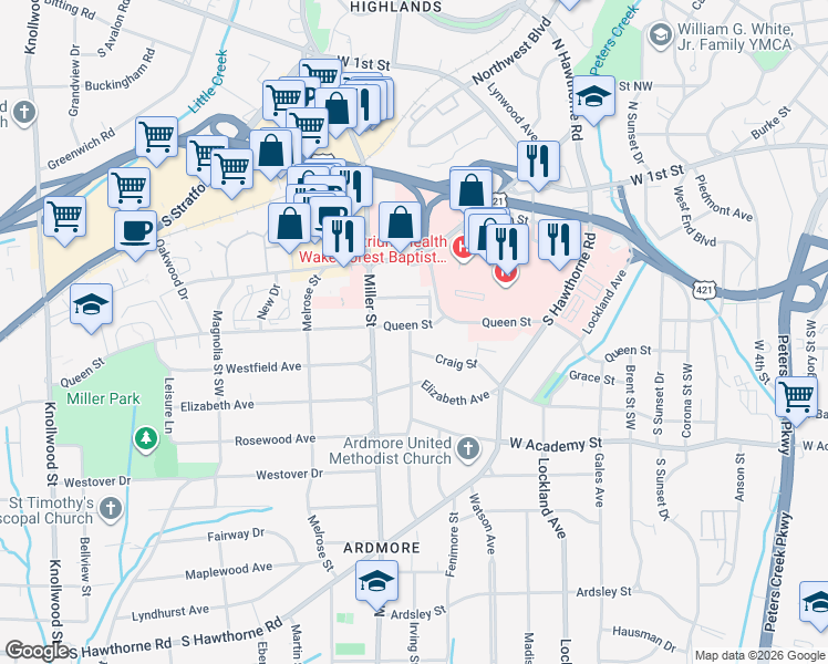 map of restaurants, bars, coffee shops, grocery stores, and more near 2105 Queen Street in Winston-Salem