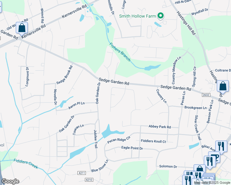 map of restaurants, bars, coffee shops, grocery stores, and more near 1206 Land Grove Court in Kernersville