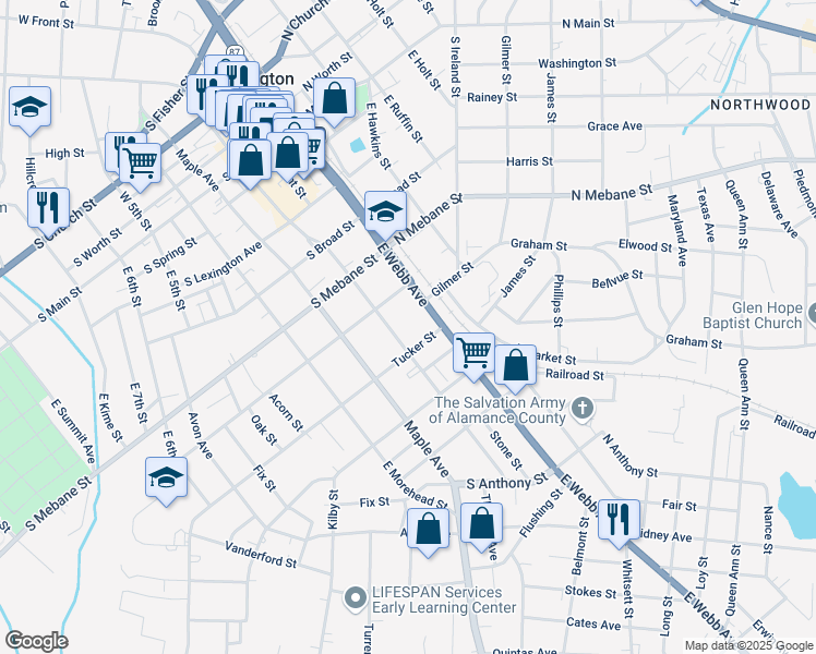 map of restaurants, bars, coffee shops, grocery stores, and more near 620 East Davis Street in Burlington