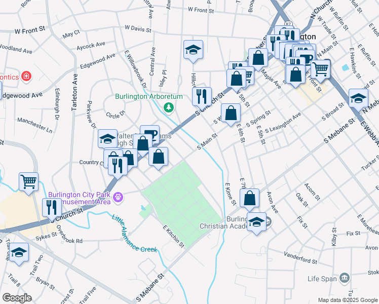 map of restaurants, bars, coffee shops, grocery stores, and more near 104 Carolina Avenue in Burlington