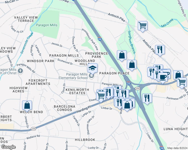 map of restaurants, bars, coffee shops, grocery stores, and more near 260 Paragon Mills Road in Nashville