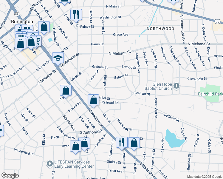 map of restaurants, bars, coffee shops, grocery stores, and more near 913 King Street in Burlington