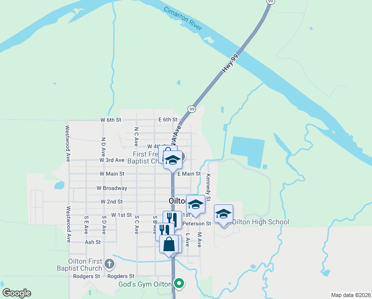 map of restaurants, bars, coffee shops, grocery stores, and more near 206 East 4th Street in Drumright
