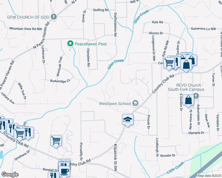 map of restaurants, bars, coffee shops, grocery stores, and more near 401 Park Ridge Lane in Winston-Salem