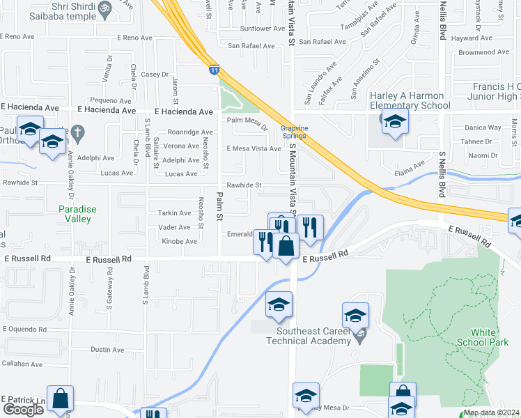 map of restaurants, bars, coffee shops, grocery stores, and more near 4530 Plaza De Vista Street in Las Vegas