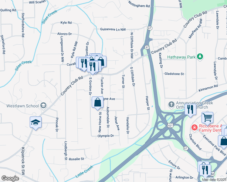 map of restaurants, bars, coffee shops, grocery stores, and more near 3824 Country Club Road in Winston-Salem