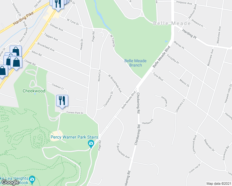 map of restaurants, bars, coffee shops, grocery stores, and more near 415 West Brookfield Avenue in Nashville