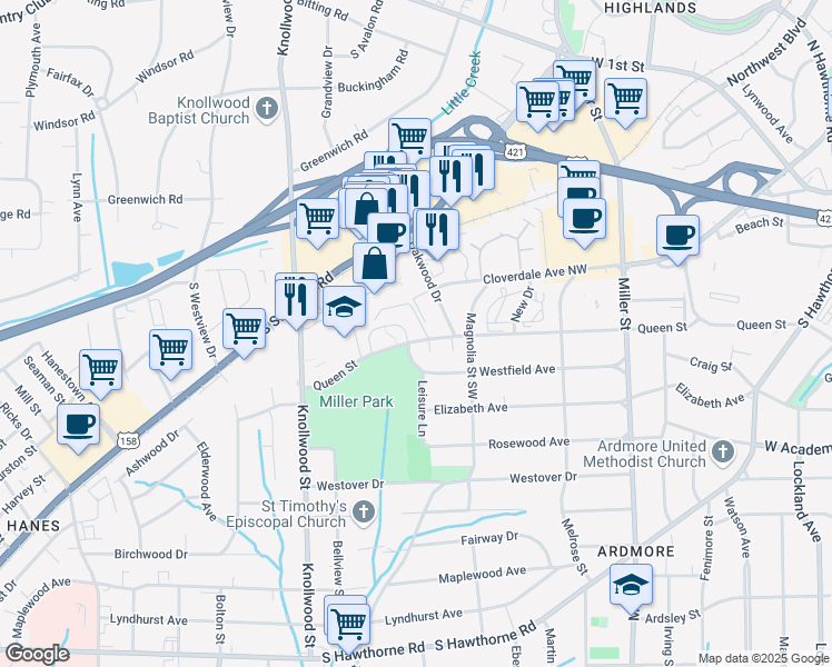 map of restaurants, bars, coffee shops, grocery stores, and more near 2507 Miller Park Circle in Winston-Salem