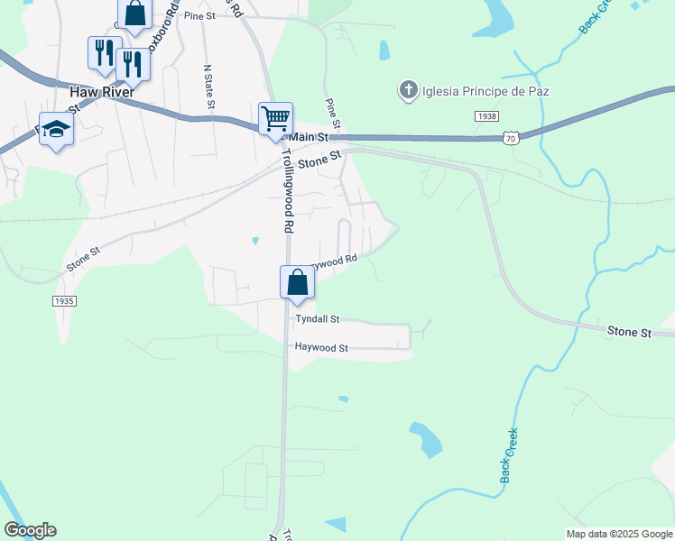 map of restaurants, bars, coffee shops, grocery stores, and more near 1354-1412 Terrywood Road in Mebane