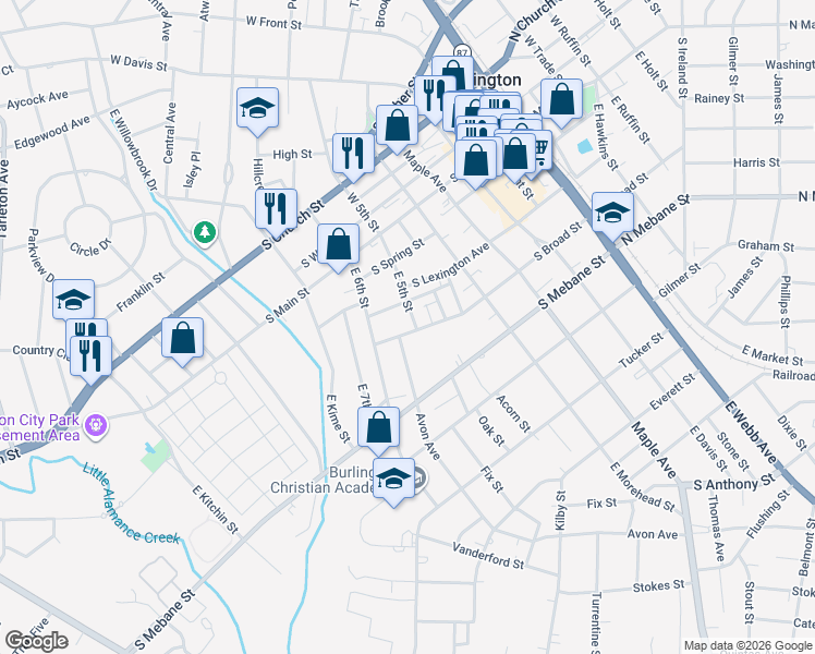map of restaurants, bars, coffee shops, grocery stores, and more near 317 West 5th Street in Burlington