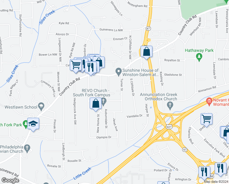 map of restaurants, bars, coffee shops, grocery stores, and more near 3820 Country Club Road in Winston-Salem