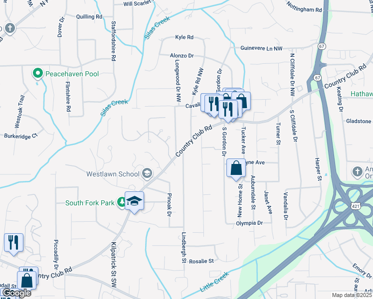 map of restaurants, bars, coffee shops, grocery stores, and more near 4118 Country Club Road in Winston-Salem