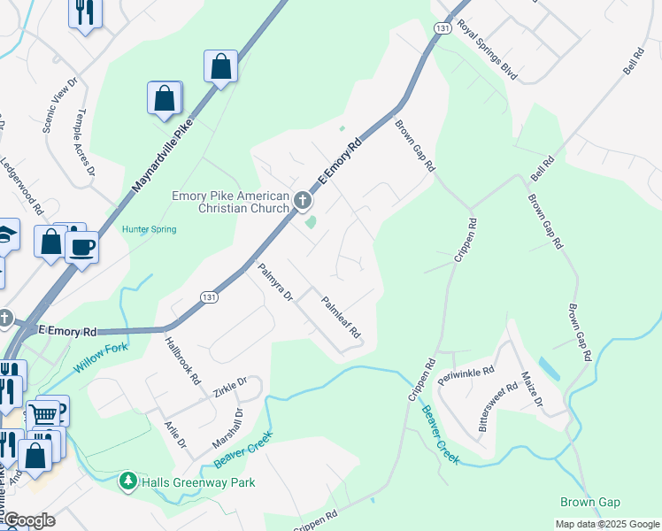 map of restaurants, bars, coffee shops, grocery stores, and more near 4810 Spring Garden Way in Knoxville