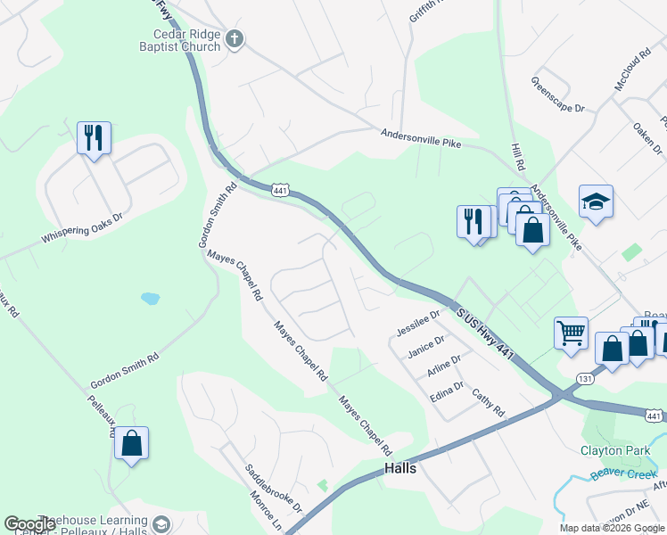 map of restaurants, bars, coffee shops, grocery stores, and more near 7615 Charmwood Way in Knoxville