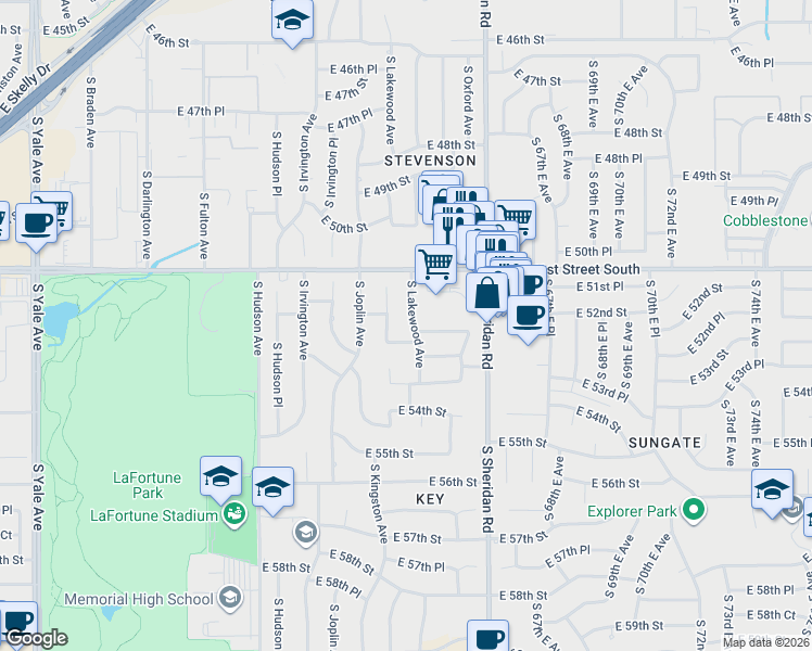 map of restaurants, bars, coffee shops, grocery stores, and more near in Tulsa