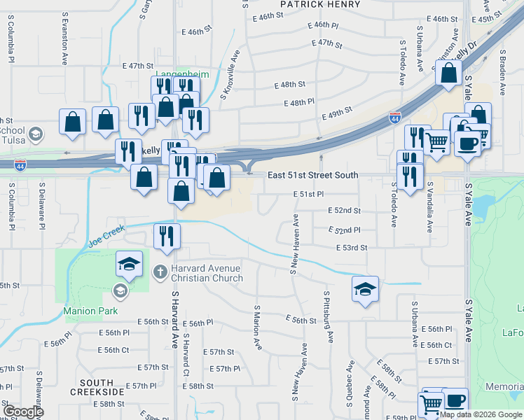 map of restaurants, bars, coffee shops, grocery stores, and more near 5140 South Marion Avenue in Tulsa