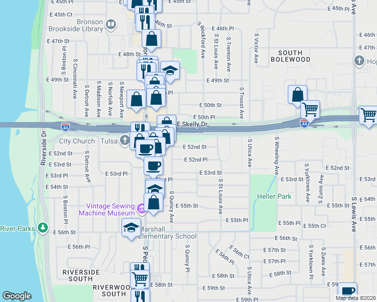 map of restaurants, bars, coffee shops, grocery stores, and more near 1445 East 52nd Street in Tulsa
