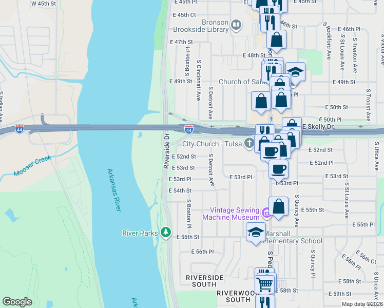 map of restaurants, bars, coffee shops, grocery stores, and more near 60 East 51st Place in Tulsa