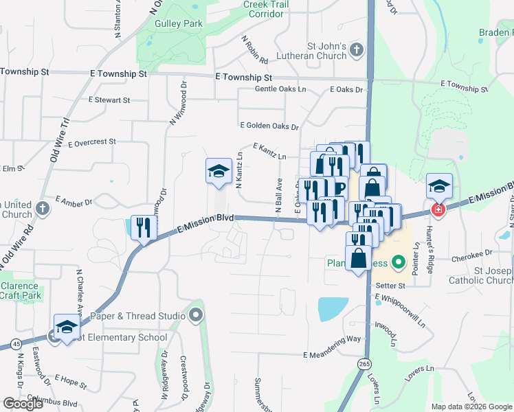 map of restaurants, bars, coffee shops, grocery stores, and more near 2330 East Kantz Lane in Fayetteville