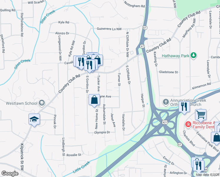 map of restaurants, bars, coffee shops, grocery stores, and more near 3824 Country Club Road in Winston-Salem