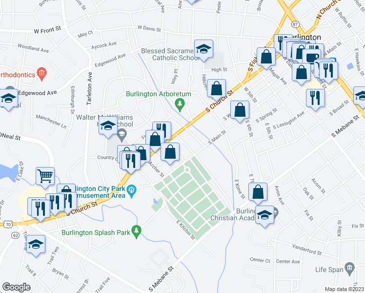 map of restaurants, bars, coffee shops, grocery stores, and more near 116 East Summit Avenue in Burlington