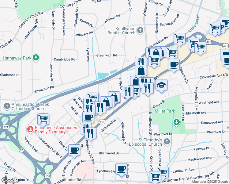 map of restaurants, bars, coffee shops, grocery stores, and more near 605 Westpark Court in Winston-Salem