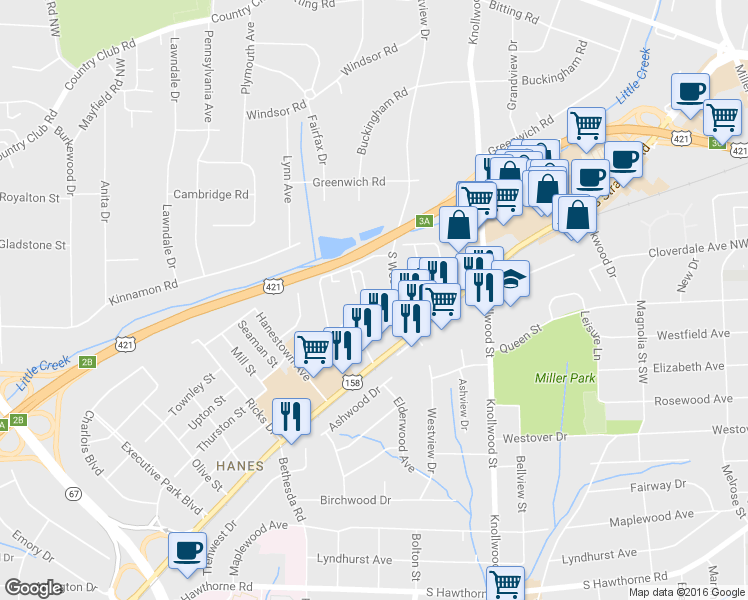map of restaurants, bars, coffee shops, grocery stores, and more near 605 Westpark Ct in Winston-Salem