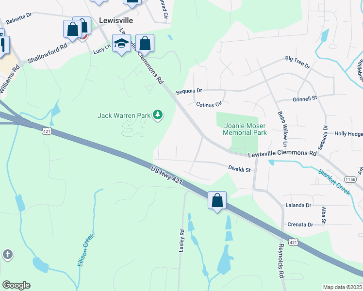 map of restaurants, bars, coffee shops, grocery stores, and more near Dewberry Road in Lewisville